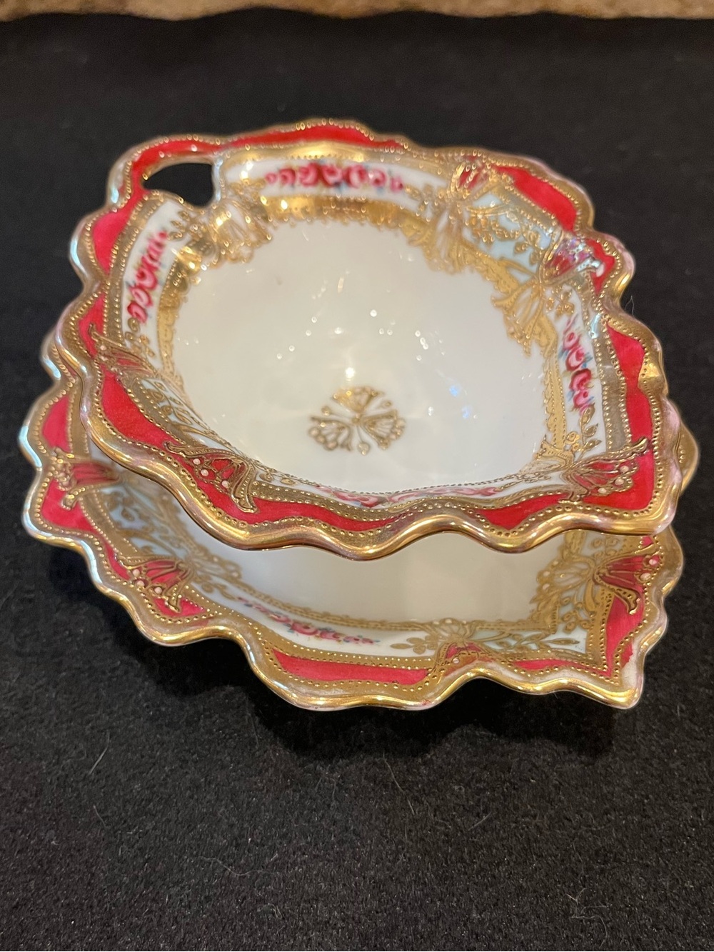 Noritake Nippon Royal Crockery Red Wine Colored Bowl and Underplate Dainty Roses